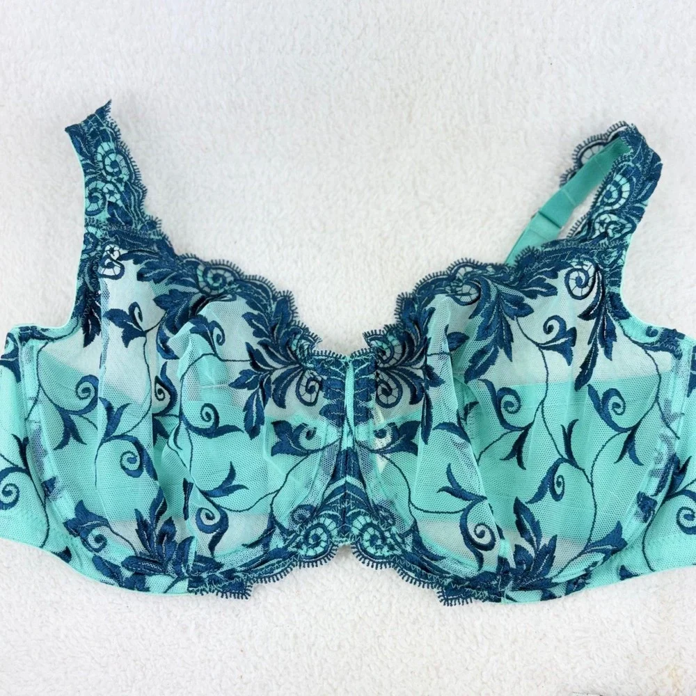 Soma Sensuous Lace Unlined Bra 38D Teal Green Navy‎ Blue Floral Embroidered Mesh